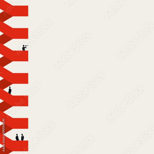A minimal vector illustration of a business concept showing the corporate ladder. Figures on red stairs represent career growth and vision on a symbolic office stairway.