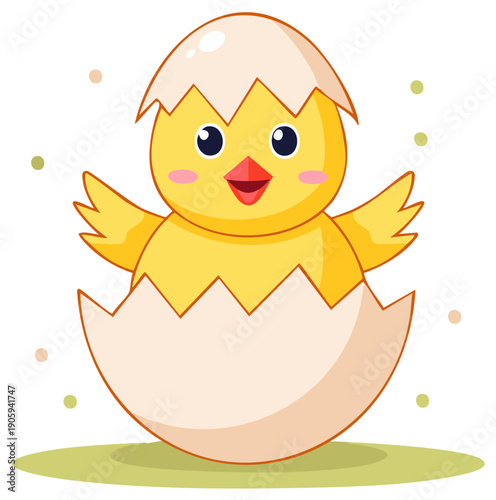Adorable cartoon baby chick hatching from a cracked eggshell. Happy newborn chicken illustration.
