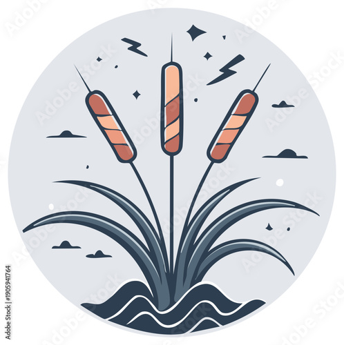 Illustration of cattails with stylized lightning and stars in a circular frame