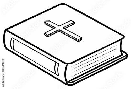 Isometric illustration of a book with a cross symbol on the cover, a religious icon