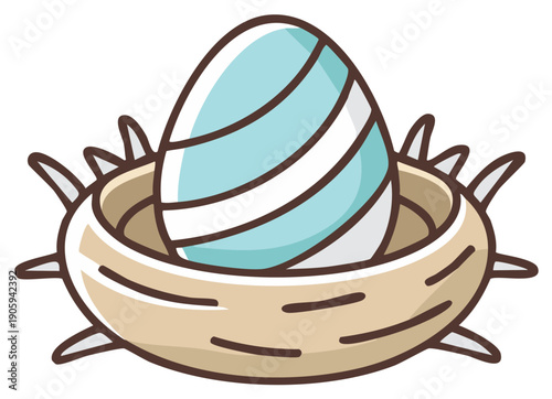 Cute blue striped egg in a handmade nest illustration