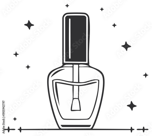 Minimalist black and white illustration of a nail polish bottle with sparkling stars