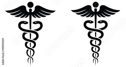 Medical caduceus symbol illustration, vector design for healthcare and medicine, black and white wings and snake icon for hospitals, medical science, clinic branding, and vector graphic projects.