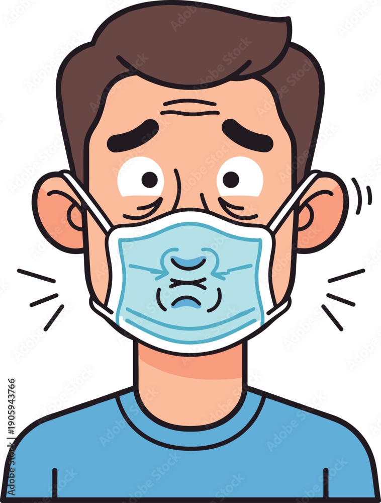 Obraz premium Cartoon Character Man Wearing Protective Face Mask Incorrectly Suctioned to Mouth Showing Difficulty Breathing and Discomfort for Health and Safety Concepts