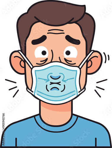 Cartoon Character Man Wearing Protective Face Mask Incorrectly Suctioned to Mouth Showing Difficulty Breathing and Discomfort for Health and Safety Concepts