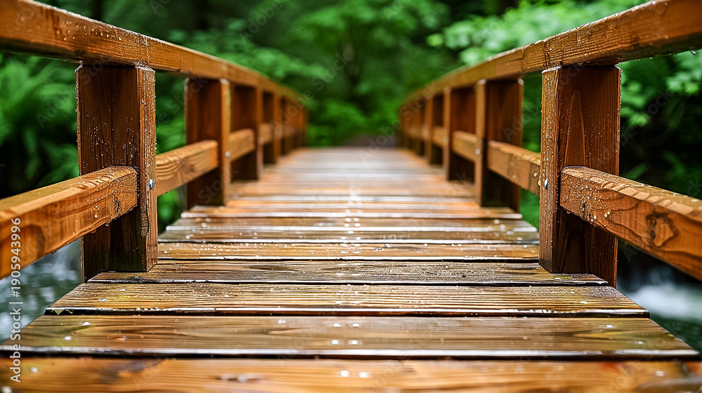 Fototapeta premium Wooden Bridge Pathway in Lush Green Forest