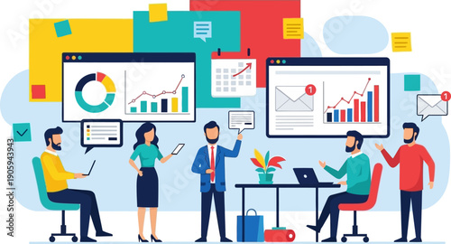 Business professionals presenting financial data and reports on screens