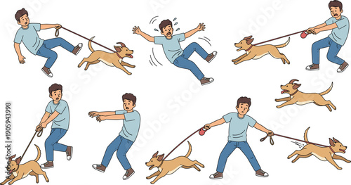Cartoon Character Set of Young Man Struggling to Walk Energetic Dog on Leash with Various Poses of Pulling, Falling, and Running for Pet Training Concepts