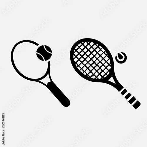 Tennis icon set. Simple minimalist style icons of tennis racket and ball. Outline and solid style available. Sport equipment for tennis game. Isolated