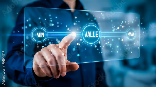 Obraz na płótnie Businessman finger touching holographic screen displaying value optimization concept with minimum and maximum parameters in digital interface