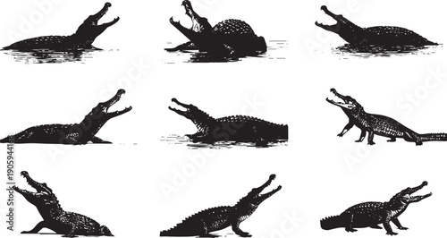 Black crocodile silhouettes jumping and swimming in minimalist white background vector illustration set
