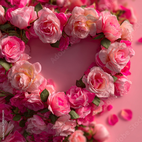 Romantic heart-shaped frame made of delicate pink roses with central copy space on a pink background.