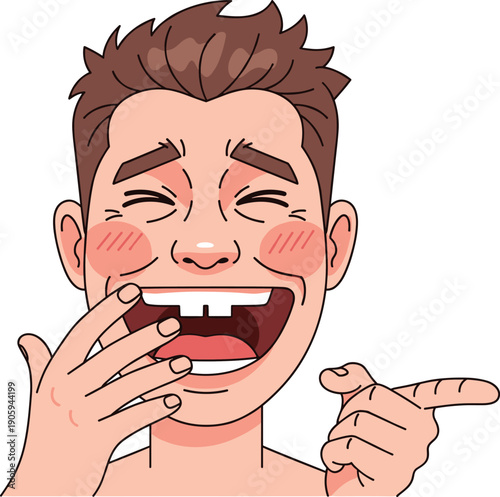 Close Up of Young Man Laughing Loudly with Open Mouth and Pointing Finger for Humorous Content, Reaction Memes, and Comedy Graphic Design Projects