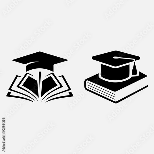 Three stylized graduation caps and open books icons representing education knowledge and achievement 