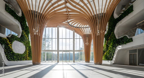 Modern building atrium with biophilic design and vertical gardens