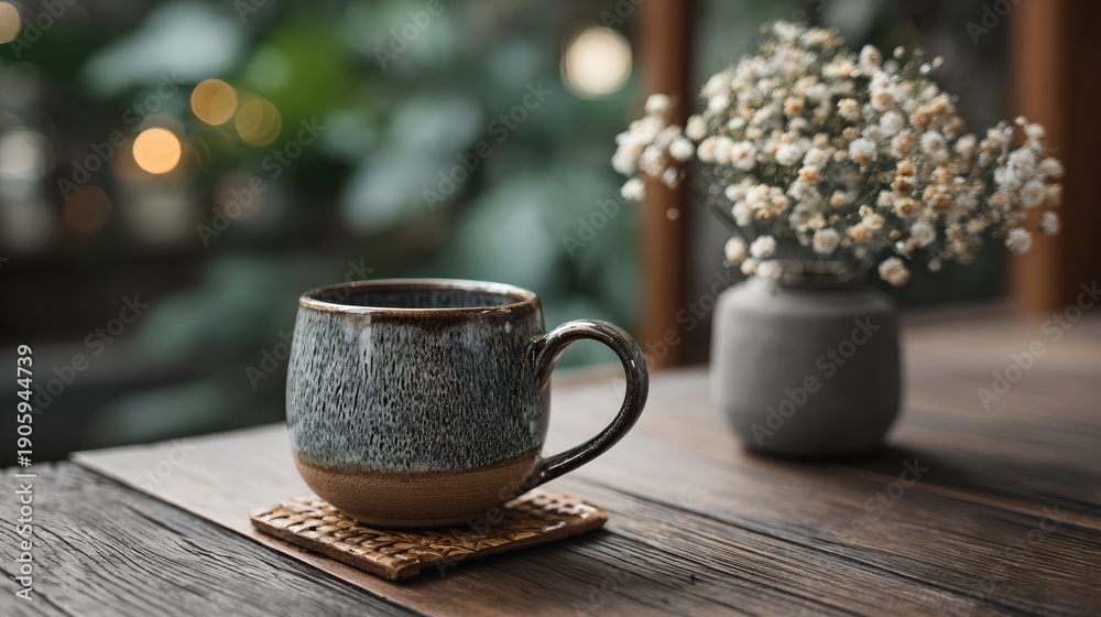 Fototapeta premium Mug of coffee sits on a coaster on a wooden table