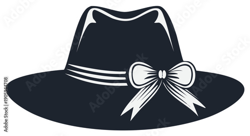 Elegant women's hat vector illustration with white bow and ribbon, vintage fashion accessory, flat graphic style for decorative design, isolated on white.
