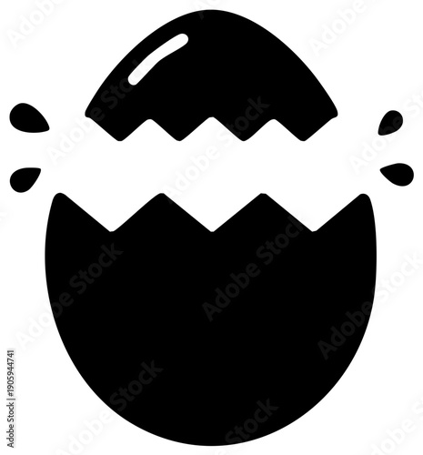 Broken eggshell silhouette with cracks and splatters hatching concept