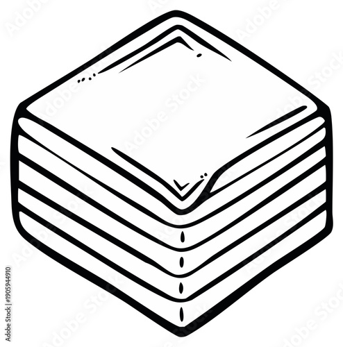 Ink drawing of a stack of folded napkins in a diamond shape, isolated on white