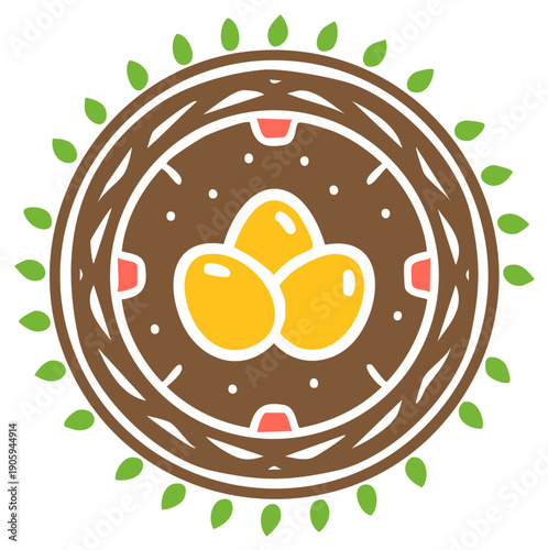 Stylized Bird Nest With Three Yellow Eggs And Green Leaves Icon