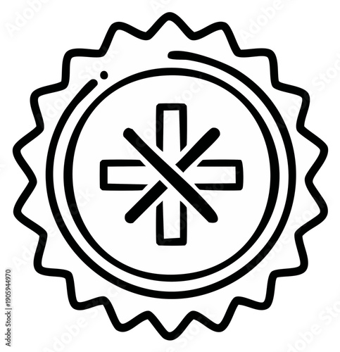 Medical emblem illustration, encircled with radiant edge, black on white background, vector icon.