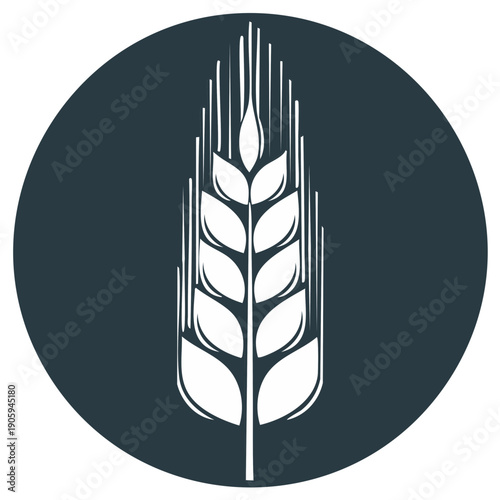 Isolated grain wheat icon in dark blue circle. Minimal vector illustration of wheat plant, organic agriculture, farming. Food ingredient, bakery