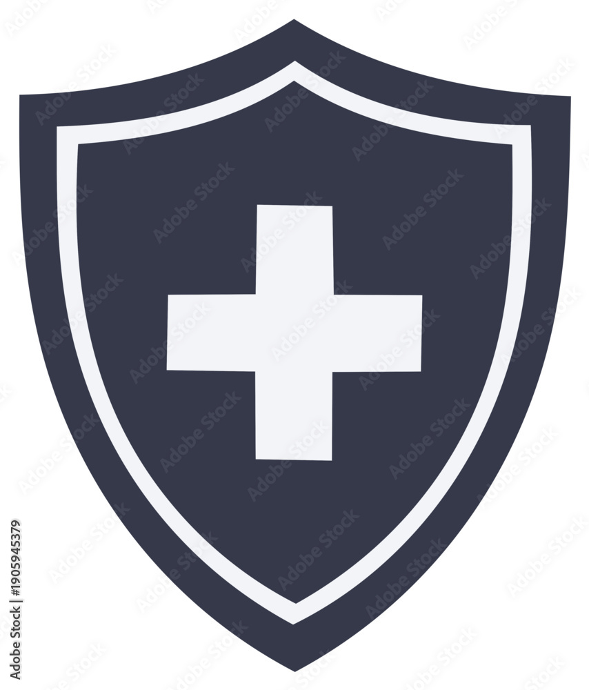 Fototapeta premium Medical shield icon with plus sign symbol for security. Healthcare protection vector concept. First aid shield.