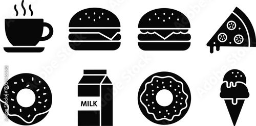 "Black silhouette fast food and snack icon collection featuring coffee, burgers, pizza, donuts, milk carton, and ice cream cone for restaurant, menu, and branding projects"