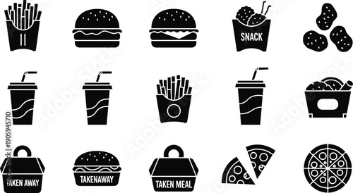 "Black and white fast food icon collection featuring fries, burgers, pizza, soft drinks, fried chicken, takeaway containers, and snack packaging for restaurant, delivery, and branding projects"