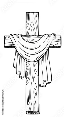 Christian Wooden Cross Draped with Fabric Outline Illustration for Religious Themes