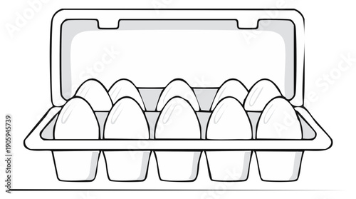 Line Art Illustration of Dozen White Eggs in Open Carton Breakfast Food