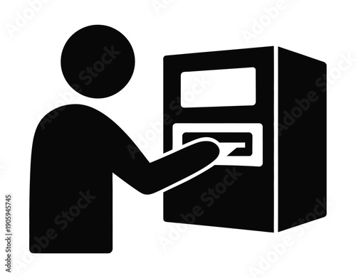 Person inserting a card into a vector payment terminal in a black-and-white design