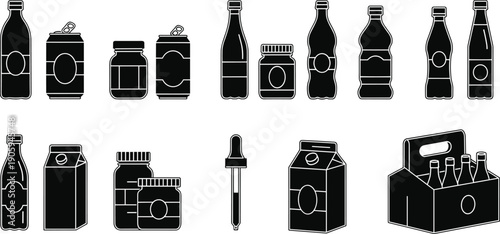 Set of 12 black-and-white food and beverage container icons showing bottles, cans, jars, cartons, droppers, and six-pack carriers