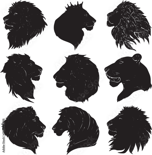 Set of nine black lion head silhouettes isolated on white background vector illustration minimalist animal art
