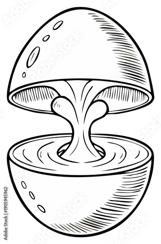 Open halved fruit reveals a core connecting upper and lower sections with visible seeds and hatching patterns, black and white