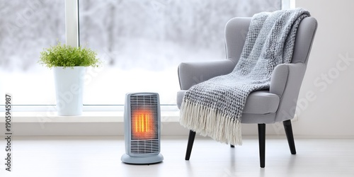 Portable electric heater glowing warmly beside a cozy gray armchair draped with a soft plaid blanket in a bright room with a snowy landscape outside