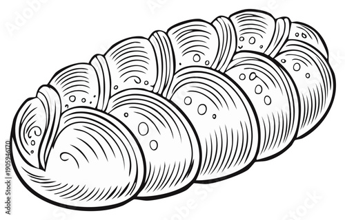 Black and white illustration of a braided challah bread loaf with detailed texture