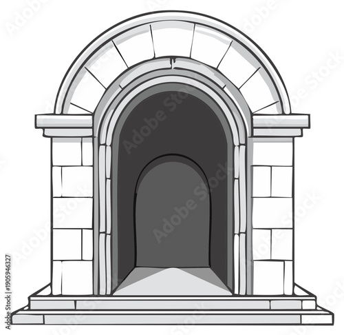 Ancient Stone Archway Entrance with Steps and Dark Interior Passage