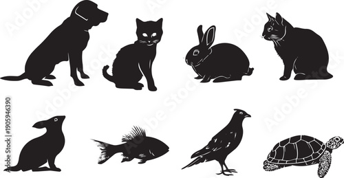 Black silhouette set of common pets and animals isolated on white background vector illustration
