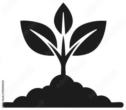 Minimalist plant sprout with leaves emerging from fertile soil representing growth