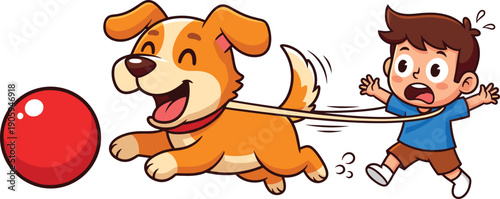 Excited Cartoon Dog Pulling a Little Boy on a Leash While Chasing a Red Ball for Pet Care, Animal Behavior, and Playtime Concepts