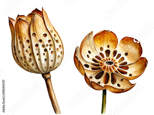 Close-up of two flowers on a white surface, perfect for use in botanical or advertising contexts
