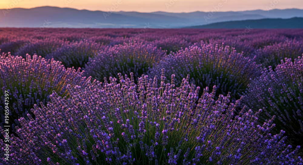 Obraz premium Field of purple lavender flowers under pink sunset sky, showing depth and vastness, symbolizing tranquility, natural beauty, and aromatic experience