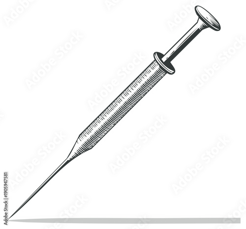Vintage syringe in black and white engraving style, symbolizing medical treatment or science