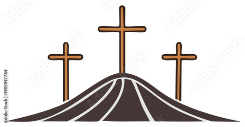 Three Wooden Crosses on a Hilltop Against a White Background