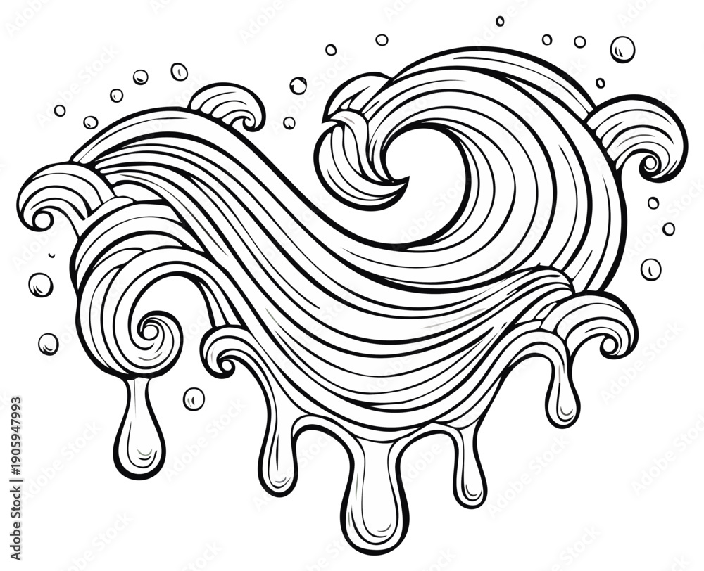 Fototapeta premium Abstract illustration of flowing water waves with bubbles in black and white
