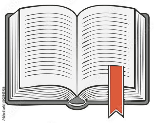 Open book illustration with red bookmark, reading concept, education, learning
