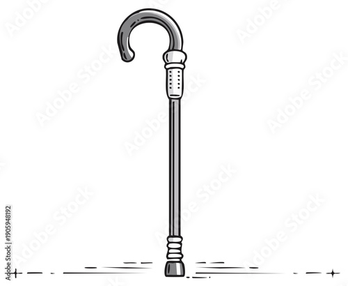 Illustration of a Vintage Walking Cane with a Hook Handle