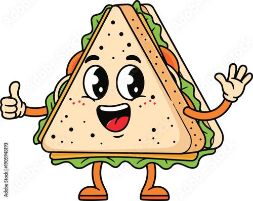 Cute Cartoon Sandwich Character Vector Illustration Featuring Lettuce Tomato and Cheese for Deli Branding Fast Food Mascot and Healthy Lunch Graphic Design Concepts