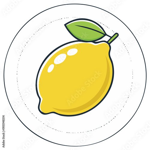 Cartoon Lemon with Green Leaf in White Circle